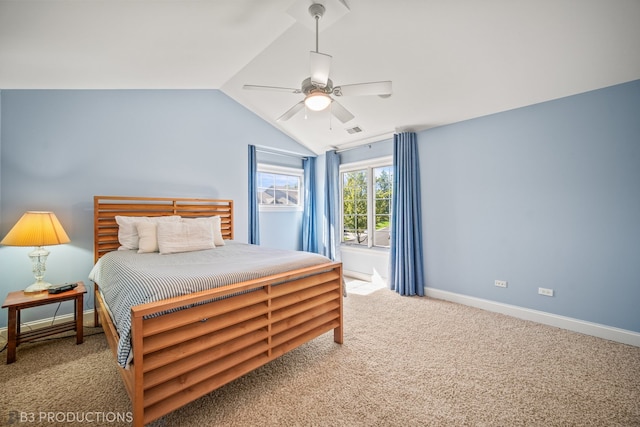 carpeted bedroom with lofted ceiling and ceiling fan