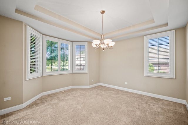 empty room with a healthy amount of sunlight, a tray ceiling, and light carpet