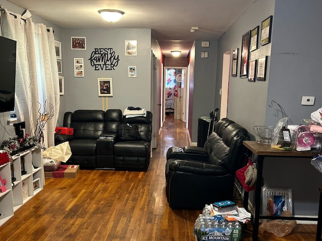 living room with dark hardwood / wood-style flooring