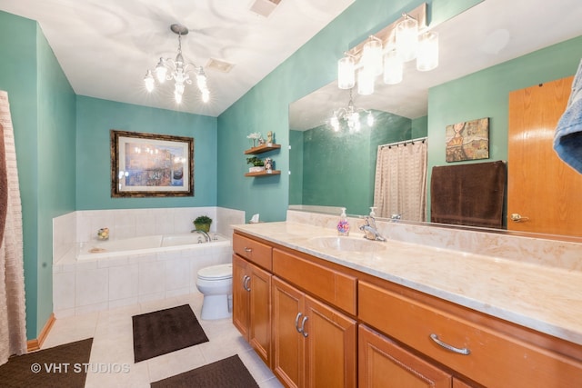 bathroom with vanity, toilet, a chandelier, and a relaxing tiled tub