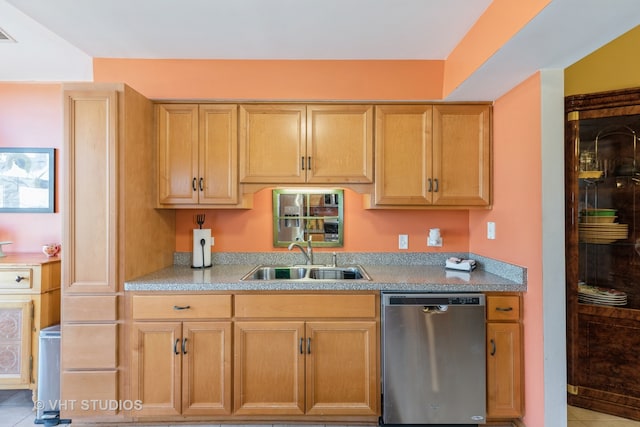 kitchen with stainless steel dishwasher, sink, and light tile patterned floors