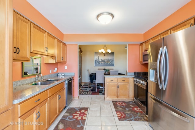 kitchen with light tile patterned floors, stainless steel appliances, decorative light fixtures, sink, and a notable chandelier