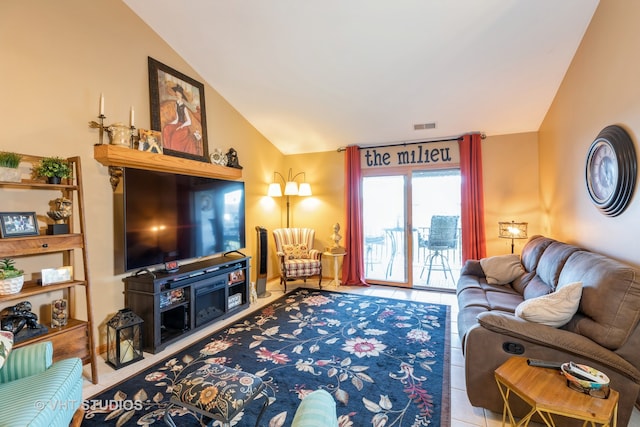 tiled living room with lofted ceiling