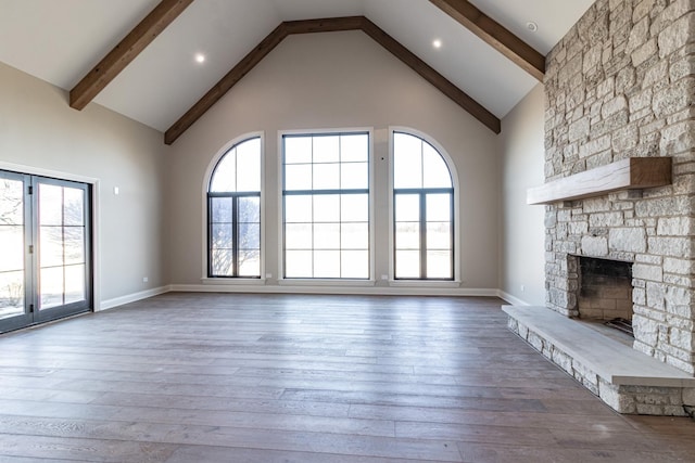 4463 Kettering Dr, Long Grove, IL 60047 - unfurnished living room with a fireplace, beam ceiling, wood-type flooring, and high vaulted ceiling
