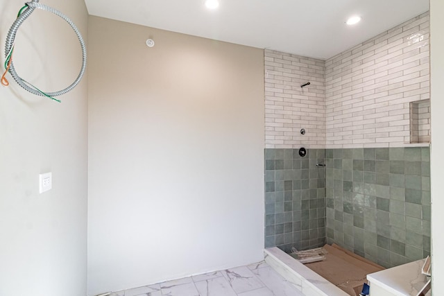 4463 Kettering Dr, Long Grove, IL 60047 - bathroom with a tile shower, marble finish floors, and recessed lighting