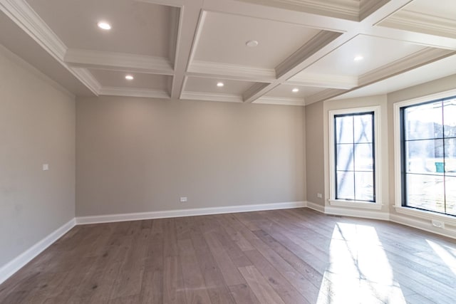4463 Kettering Dr, Long Grove, IL 60047 - spare room featuring coffered ceiling, hardwood / wood-style flooring, beam ceiling, recessed lighting, and ornamental molding