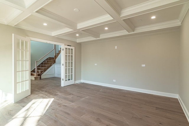 4463 Kettering Dr, Long Grove, IL 60047 - spare room with french doors, coffered ceiling, beam ceiling, wood finished floors, and recessed lighting