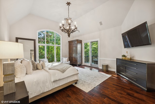 bedroom with lofted ceiling, access to exterior, an inviting chandelier, and dark hardwood / wood-style flooring