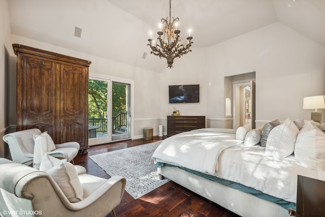 bedroom with an inviting chandelier, high vaulted ceiling, access to exterior, and dark hardwood / wood-style floors