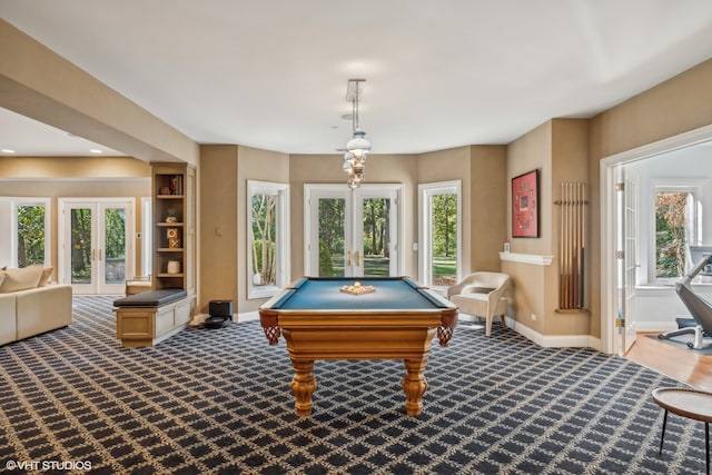 playroom featuring french doors and billiards