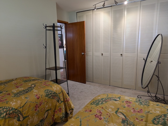 bedroom featuring light colored carpet and a closet