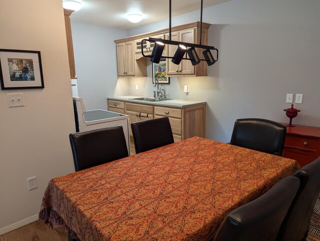 dining space with hardwood / wood-style flooring and sink