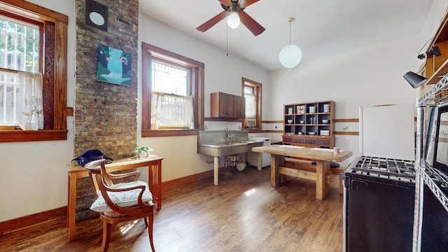 kitchen featuring ceiling fan and wood-type flooring