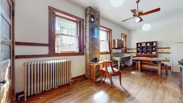 interior space with hardwood / wood-style floors, radiator heating unit, and ceiling fan