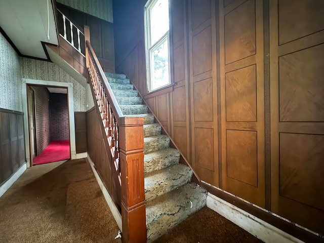 stairway featuring carpet