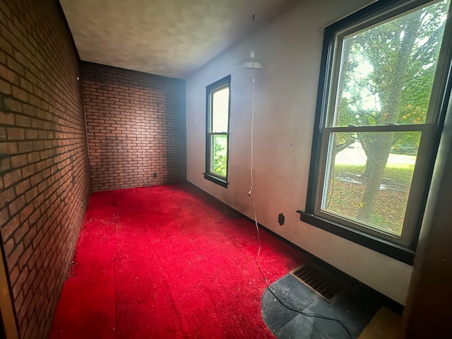 carpeted empty room featuring plenty of natural light and brick wall