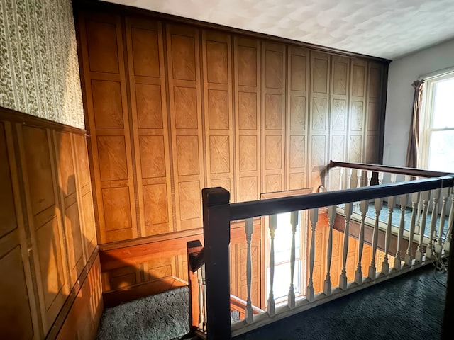 interior space with wood walls and dark carpet