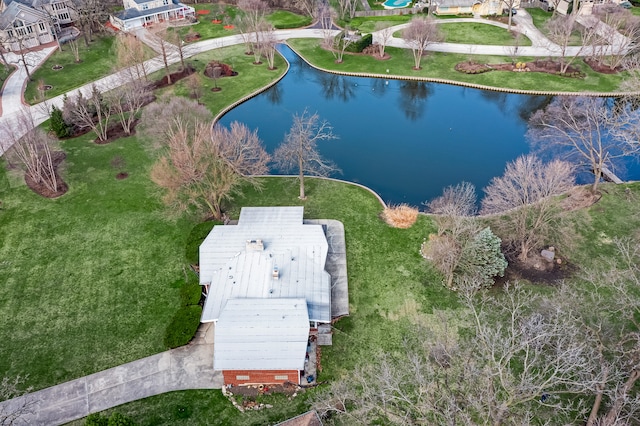 bird's eye view with a water view