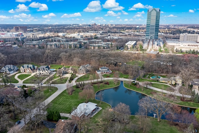 birds eye view of property featuring a water view