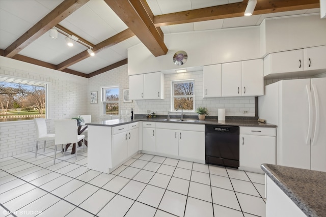 kitchen with lofted ceiling with beams, dishwasher, tasteful backsplash, white cabinetry, and kitchen peninsula