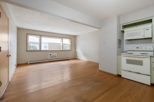 kitchen with a baseboard radiator, white appliances, light hardwood / wood-style floors, and tasteful backsplash