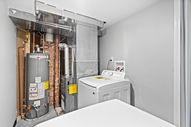 laundry area with carpet, washer / clothes dryer, and water heater