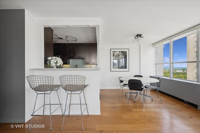 kitchen featuring kitchen peninsula, dark brown cabinets, light hardwood / wood-style floors, and backsplash