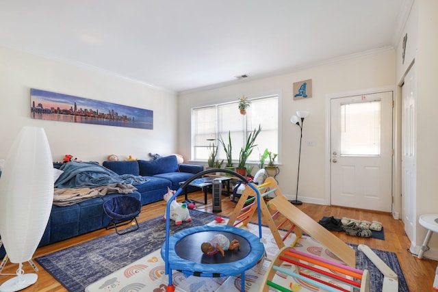 living room with wood-type flooring and ornamental molding