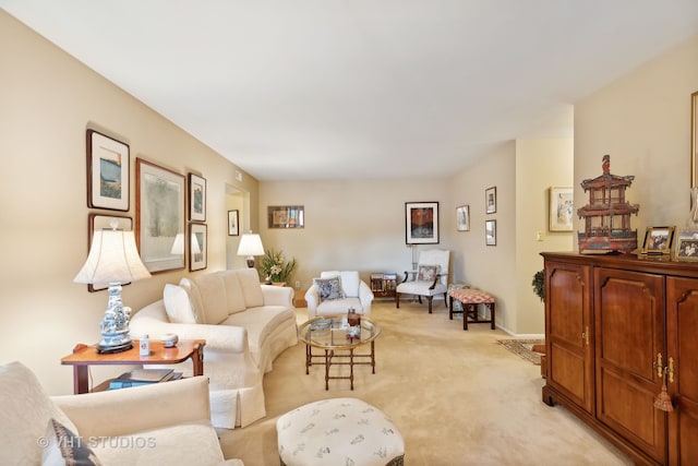 living room featuring light colored carpet