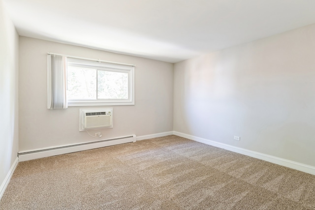 carpeted spare room featuring a baseboard radiator and an AC wall unit