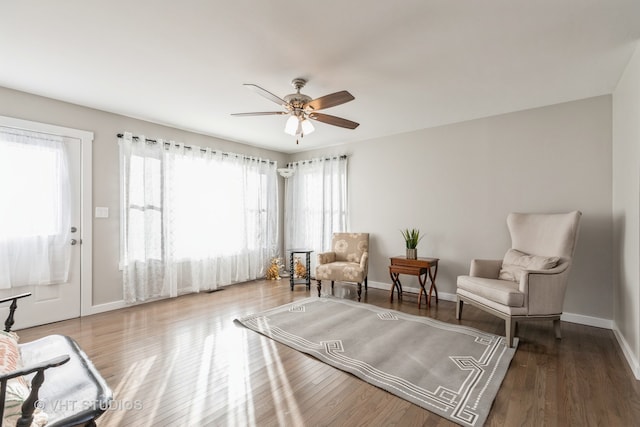 living area with ceiling fan and wood-type flooring