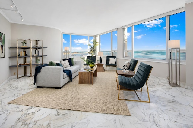 living room with a view of the beach, track lighting, and a water view