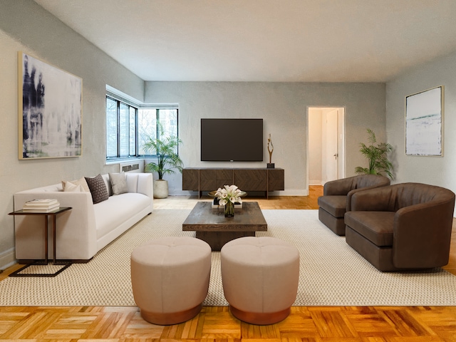 living room with parquet floors