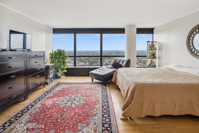 bedroom featuring floor to ceiling windows and light hardwood / wood-style floors