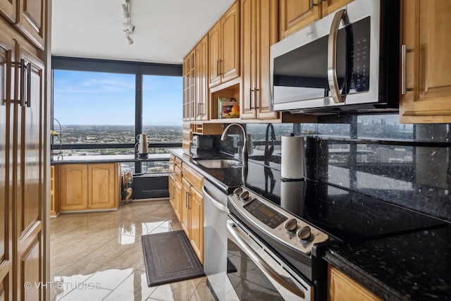 kitchen with appliances with stainless steel finishes, rail lighting, dark stone countertops, tasteful backsplash, and sink