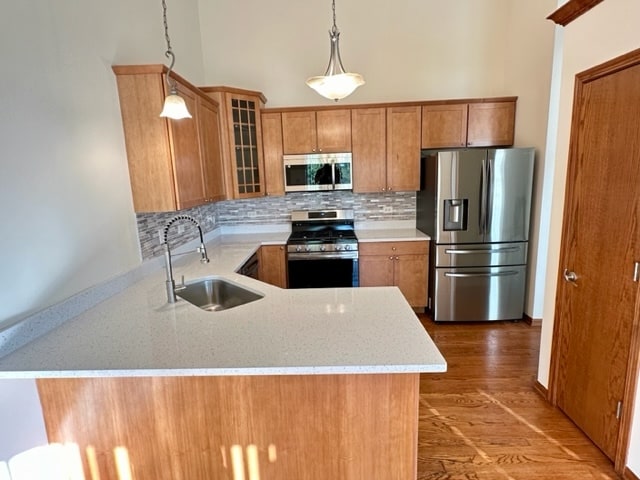 kitchen with kitchen peninsula, pendant lighting, stainless steel appliances, light hardwood / wood-style flooring, and sink