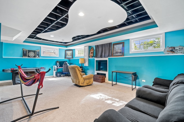 playroom featuring a raised ceiling and carpet flooring