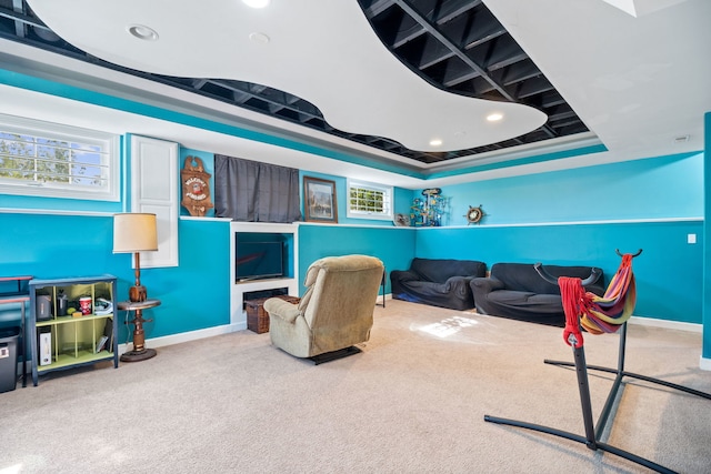 rec room featuring a tray ceiling and carpet