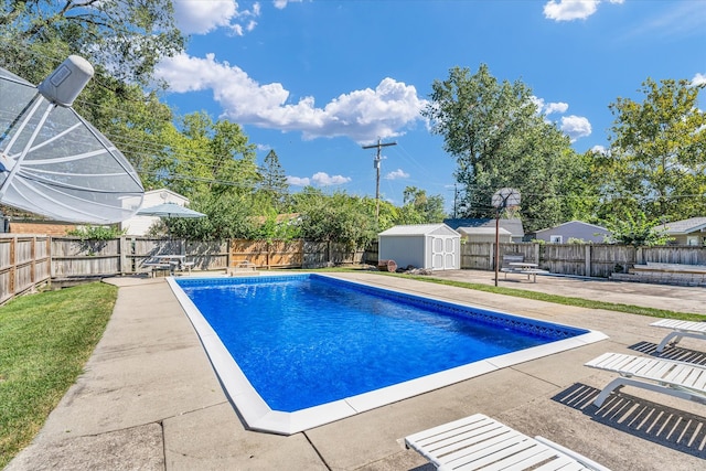 view of swimming pool featuring a shed and a patio