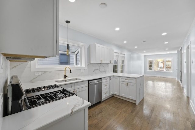 kitchen featuring stainless steel dishwasher, white cabinetry, sink, and dark wood-type flooring