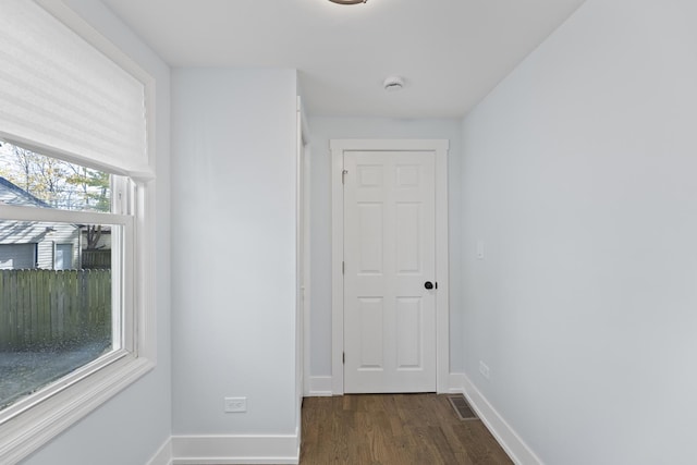 hall with a wealth of natural light and dark hardwood / wood-style floors