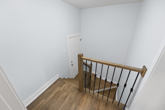 staircase with hardwood / wood-style flooring