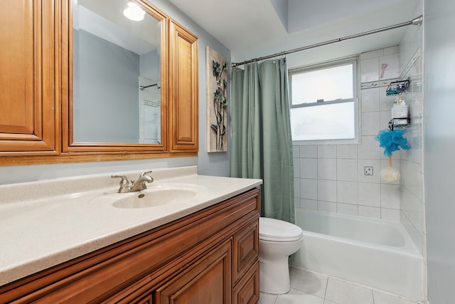 full bathroom with vanity, toilet, tile patterned floors, and shower / bath combination with curtain