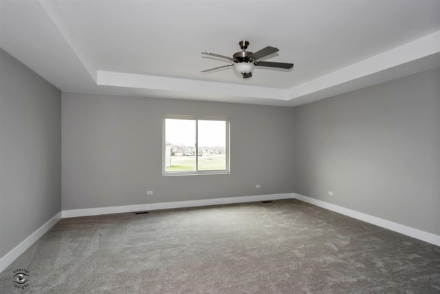 spare room featuring a tray ceiling, ceiling fan, and carpet floors