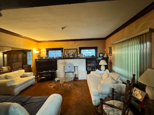 living room with carpet floors and crown molding