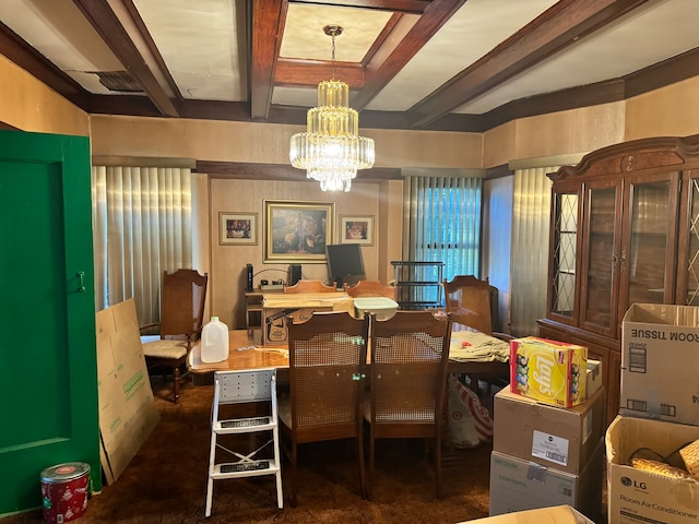 carpeted dining space featuring a notable chandelier and beamed ceiling