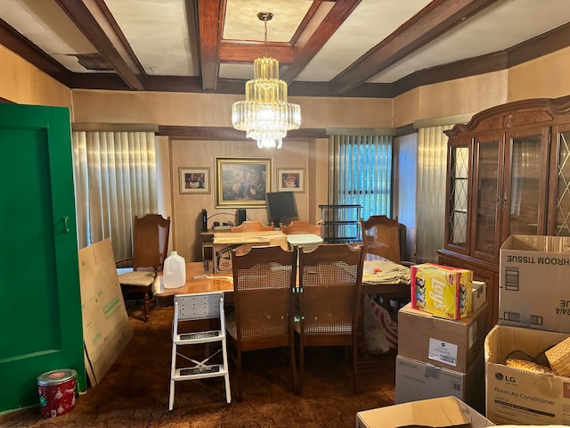 carpeted dining area featuring beam ceiling and an inviting chandelier