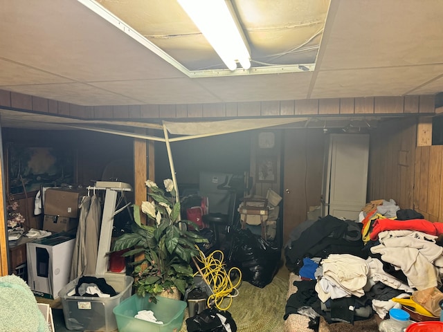 basement featuring wooden walls and carpet