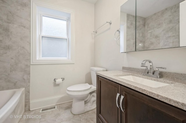 full bathroom with tile patterned flooring, vanity, toilet, and washtub / shower combination