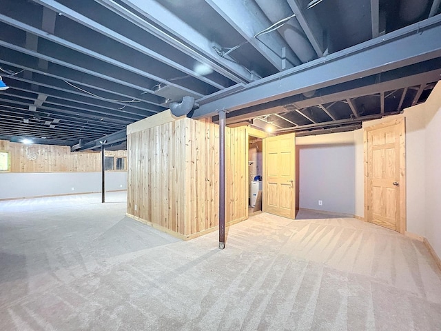 basement with wood walls and carpet floors